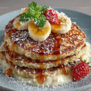 Stack of Fluffy Pancakes with Banana Strawberries and Syrup