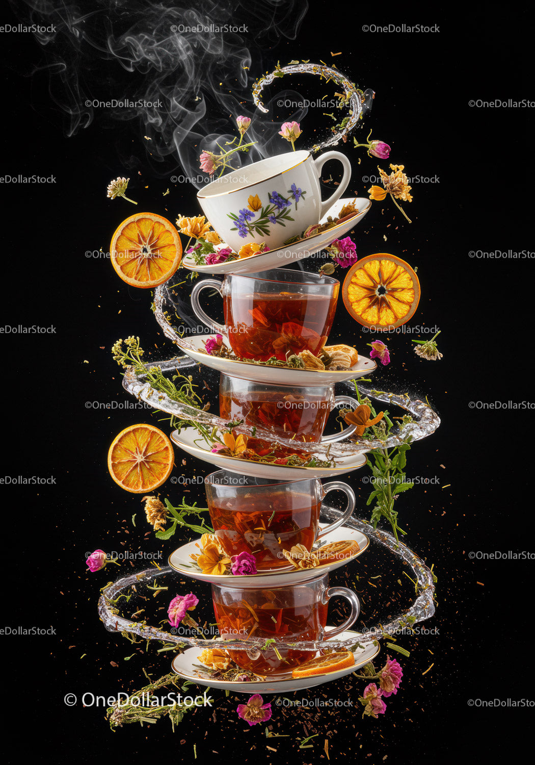 Stacked tea cups with herbs and sliced oranges in motion