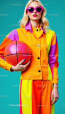 Vibrant Woman in Colorful Raincoat Holding Basketball Outdoor
