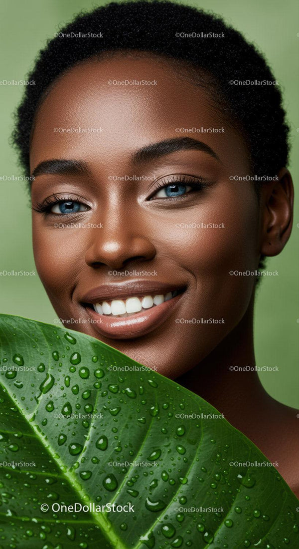 Beautiful Black Woman Smiling with Bright Blue Eyes and Natural Makeup