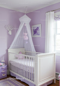 Elegant White Baby Crib with Purple Nursery Decor and Canopy