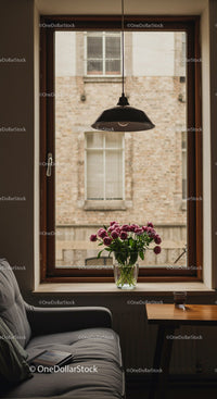 Cozy interior with flower vase by window light