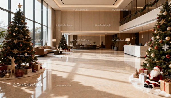 Spacious Modern Lobby Decorated with Festive Christmas Trees