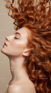 Profile of woman with vibrant curly red hair flowing