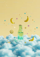 Creative bottle surrounded by floating bananas and stars