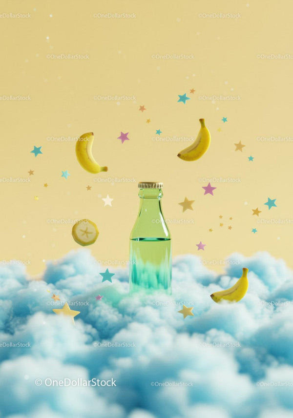 Creative bottle surrounded by floating bananas and stars JPG Mockup Image