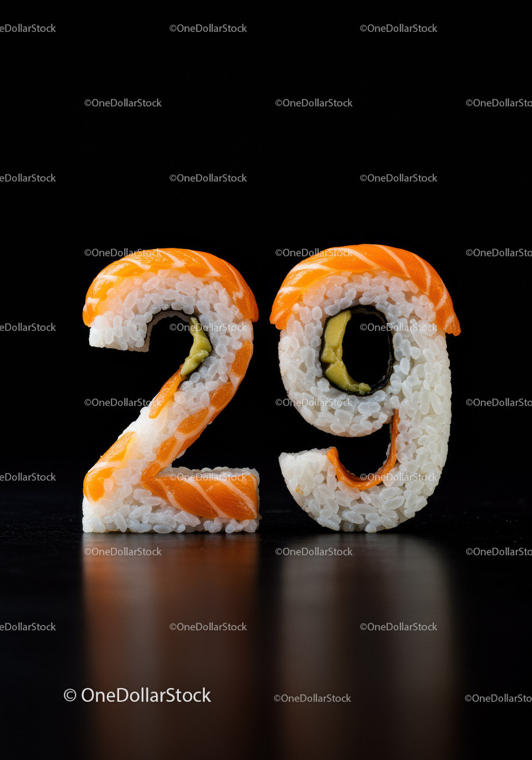 Creative sushi roll shaped as number twenty nine