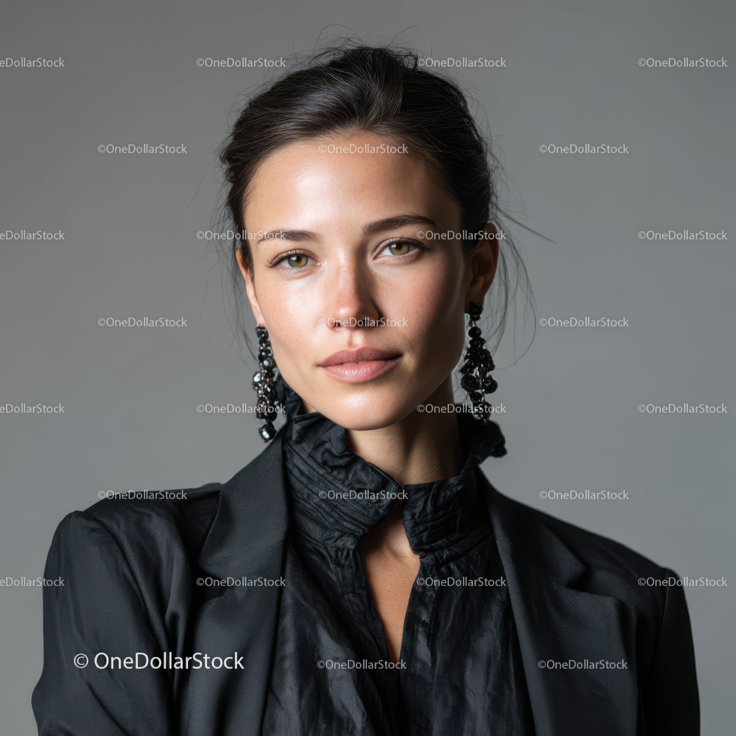 Elegant Young Woman in Black Leather Jacket with Statement Earrings
