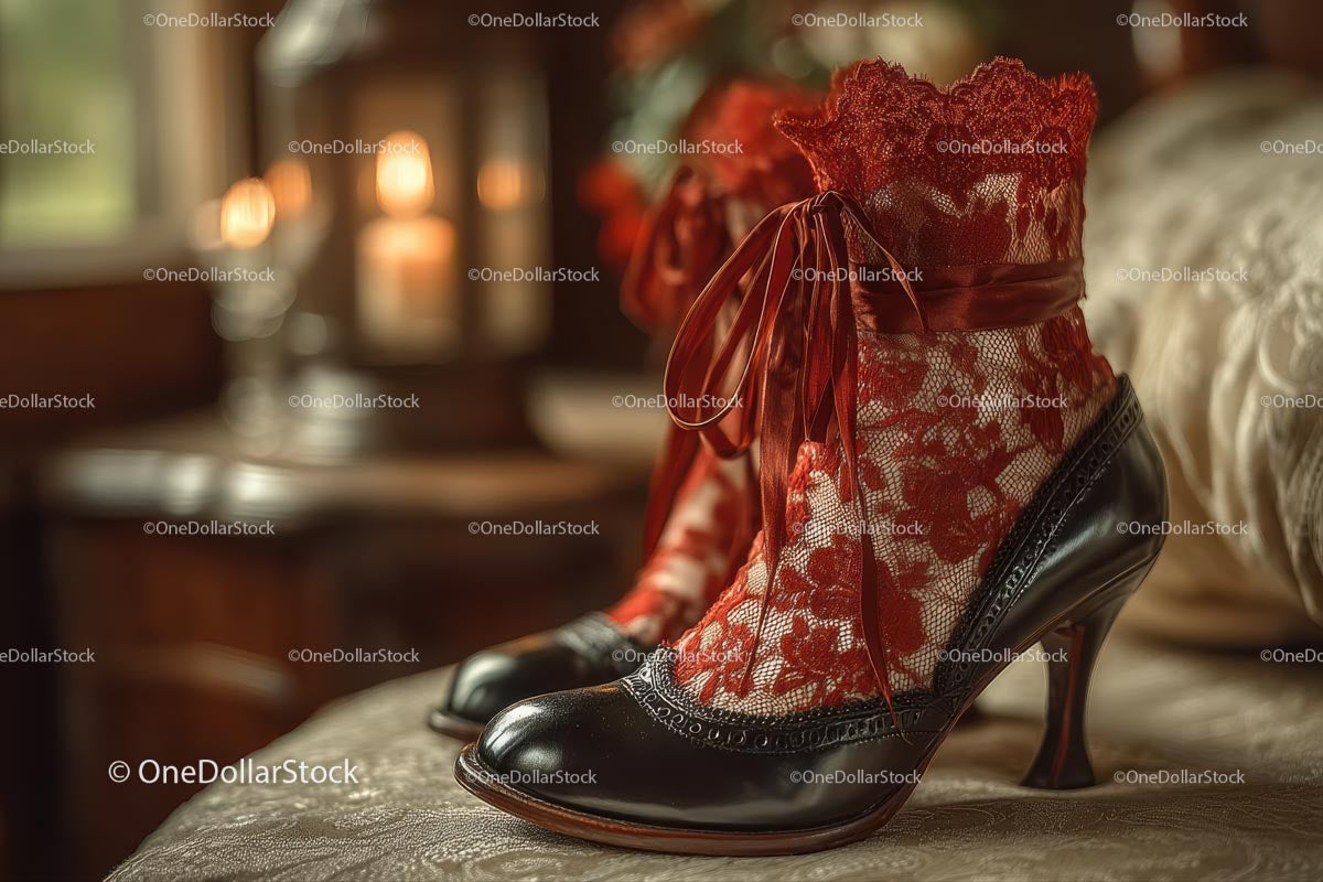 Chic Black Heels and a Red Lace Dress in a Cozy Bedroom Setting