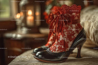 Chic Black Heels and a Red Lace Dress in a Cozy Bedroom Setting