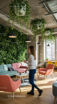 Stylish Office Space with Lush Greenery and Vibrant Lockers