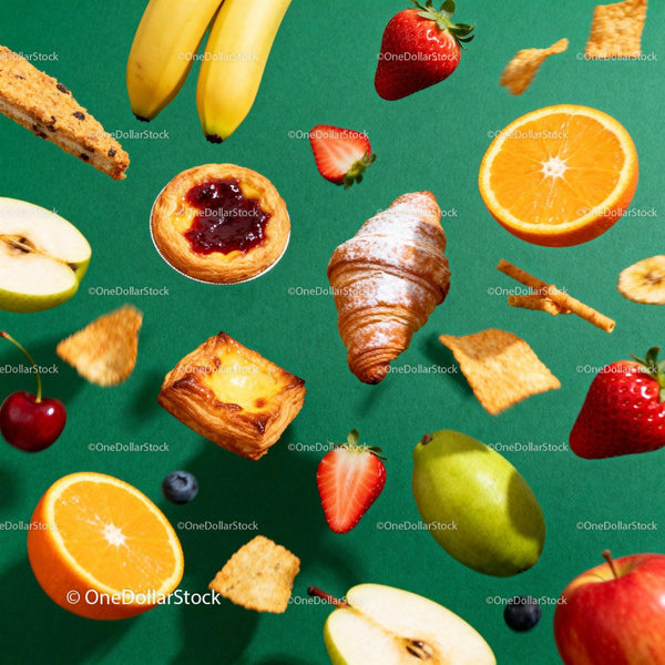 Assorted fresh fruits and pastries levitating on green