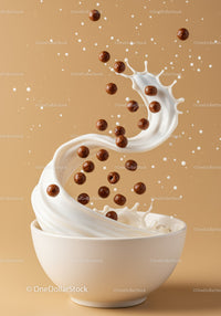 Chocolate cereal balls swirling in fresh milk splash