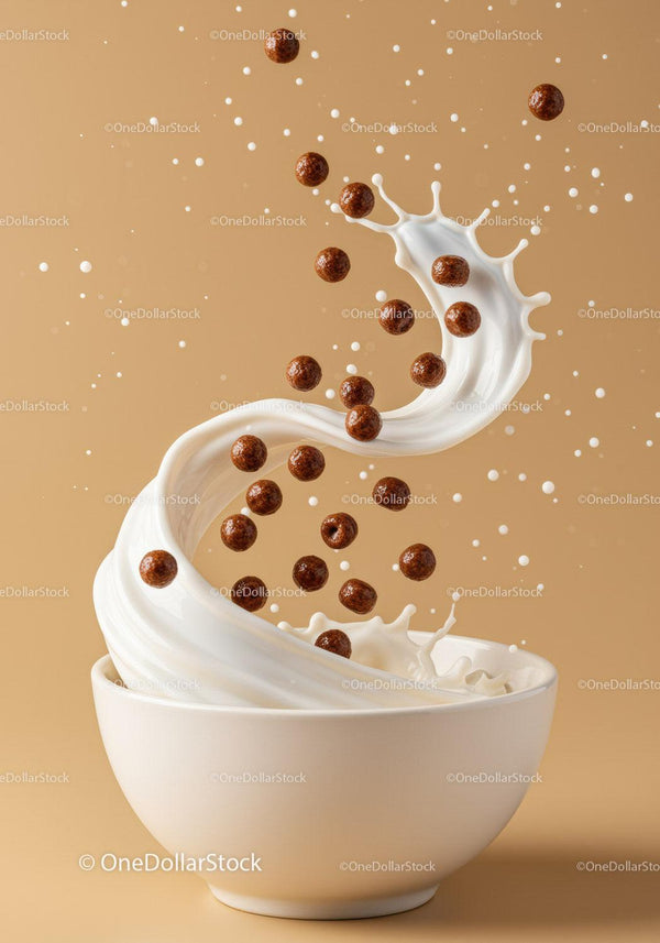 Chocolate cereal balls swirling in fresh milk splash