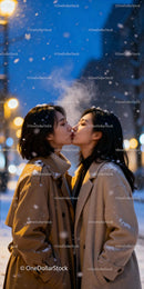 Couple sharing a tender kiss in snow-lit evening