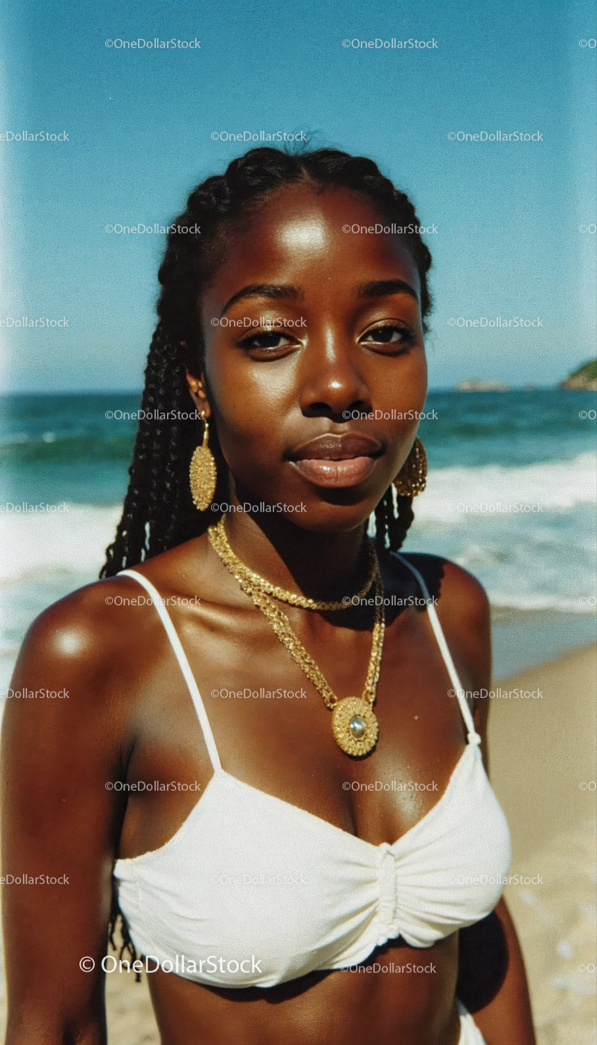 Elegant Woman with Jewelry on the Beach in Sunny Seaside Setting