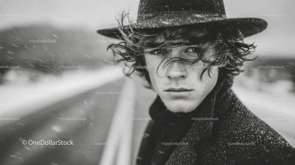 Stylish Young Man Wearing Fedora Hat in Black and White Portrait