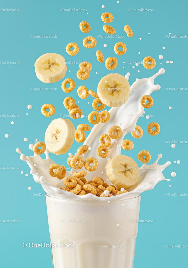 Fresh banana slices and cereal splash with milk JPG Mockup Image