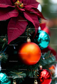 Festive Christmas tree with colorful ornaments and poinsettia