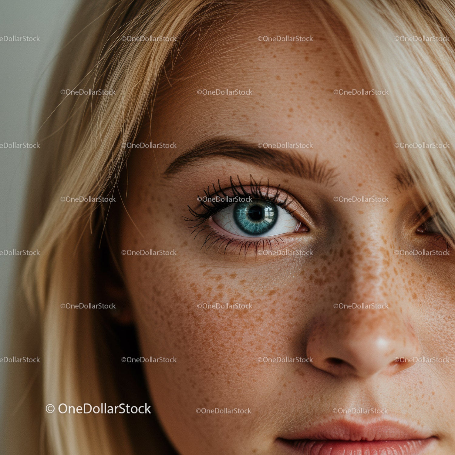 Close-up of freckled young woman with bright blue eye