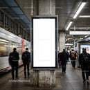 Blank vertical billboard at busy urban subway platform