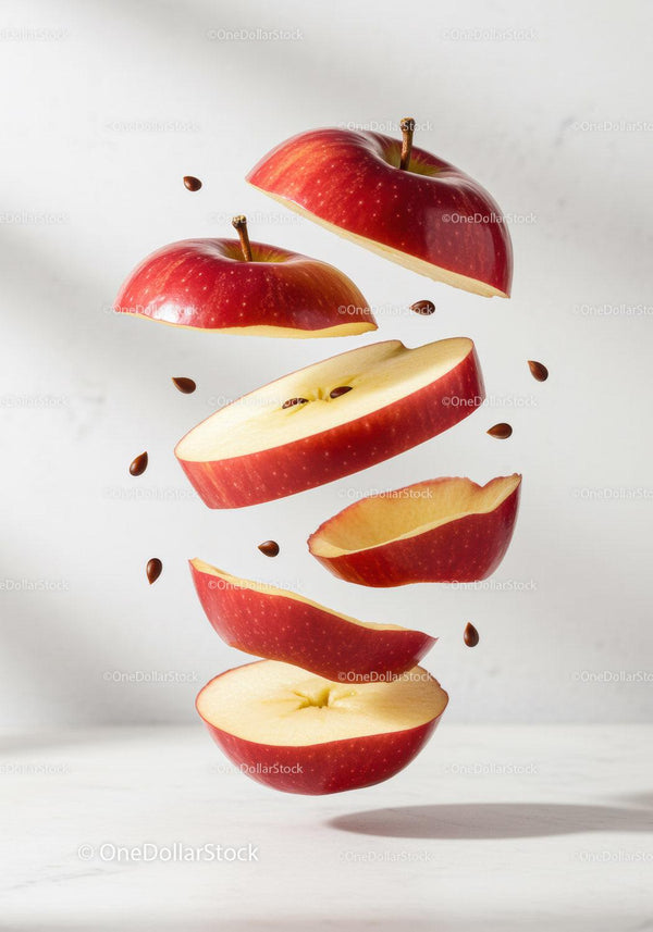 Sliced red apple floating with scattered seeds