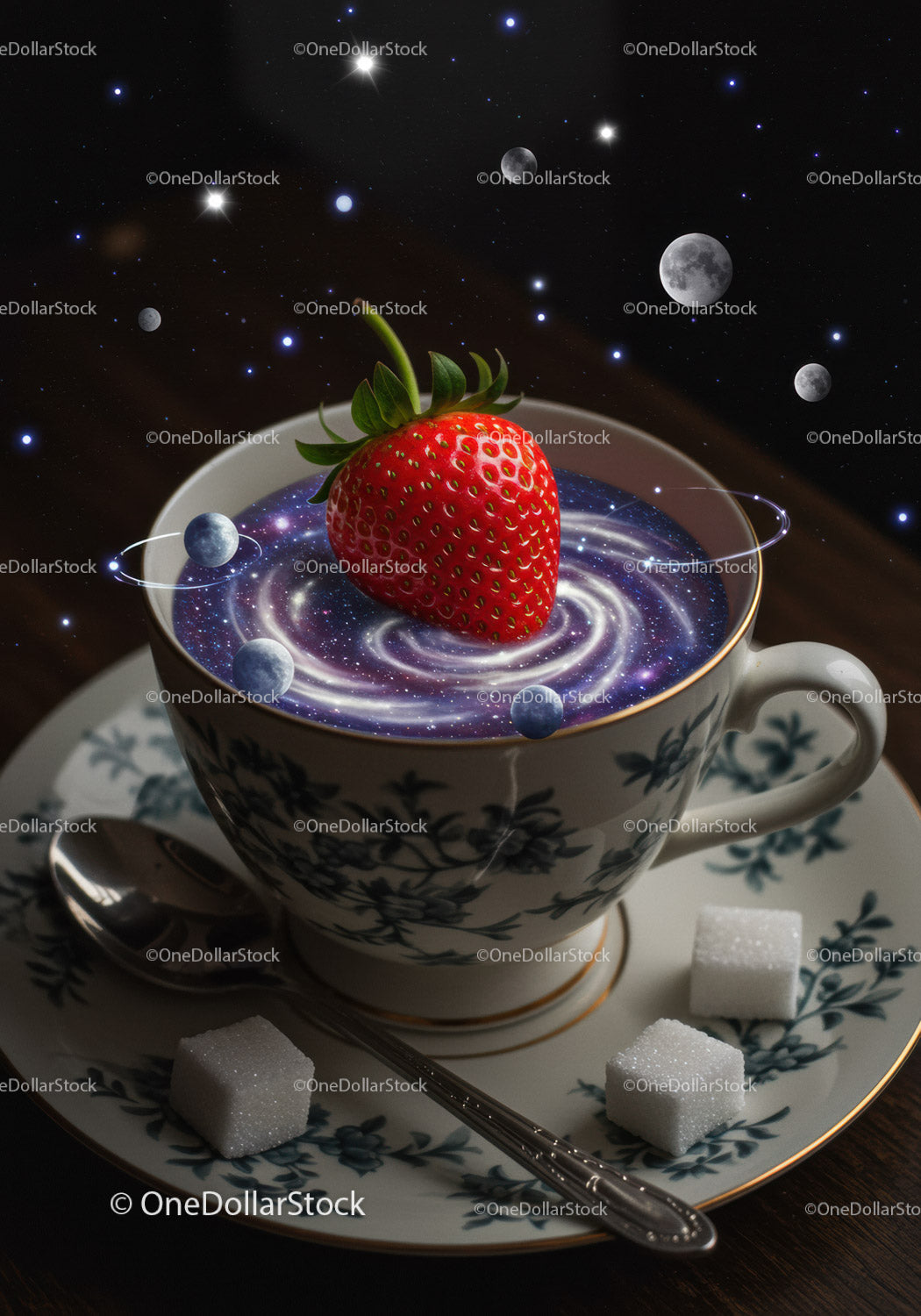 Strawberry on cosmic swirl in vintage teacup