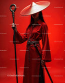 Elegant Woman in Red Dress with Accessories Against Red Background