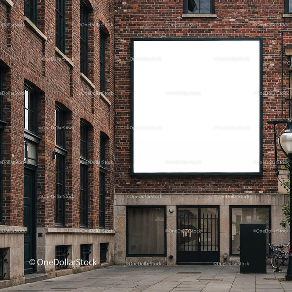 Empty white billboard on old red brick street building JPG Mockup Image
