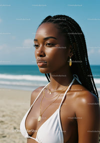 Elegant Woman in White Bikini with Gold Jewelry at Beach