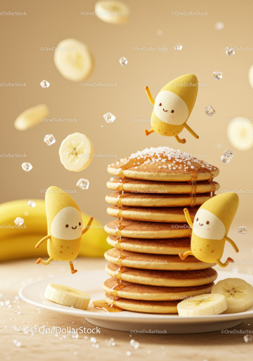 Stack of pancakes with happy banana characters and syrup