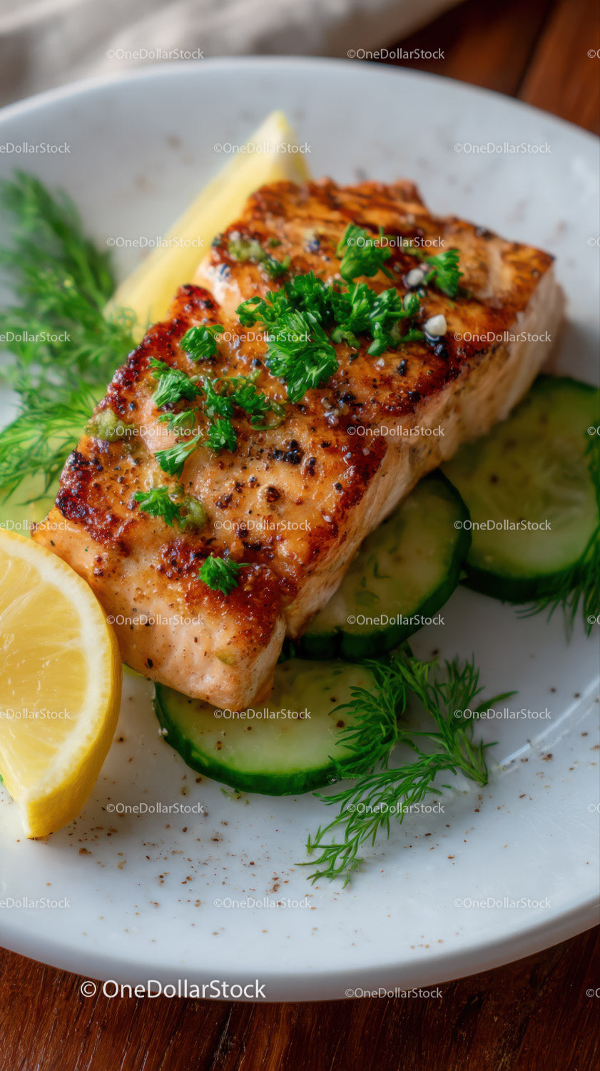 Świeży grillowany łosoś z ogórkiem i cytryną