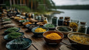 Fresh Herbs and Spices in Bowls and Jars at Outdoor Market