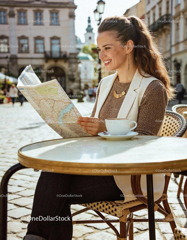 Uśmiechnięta kobieta eksplorująca mapę miasta w kawiarni na świeżym powietrzu