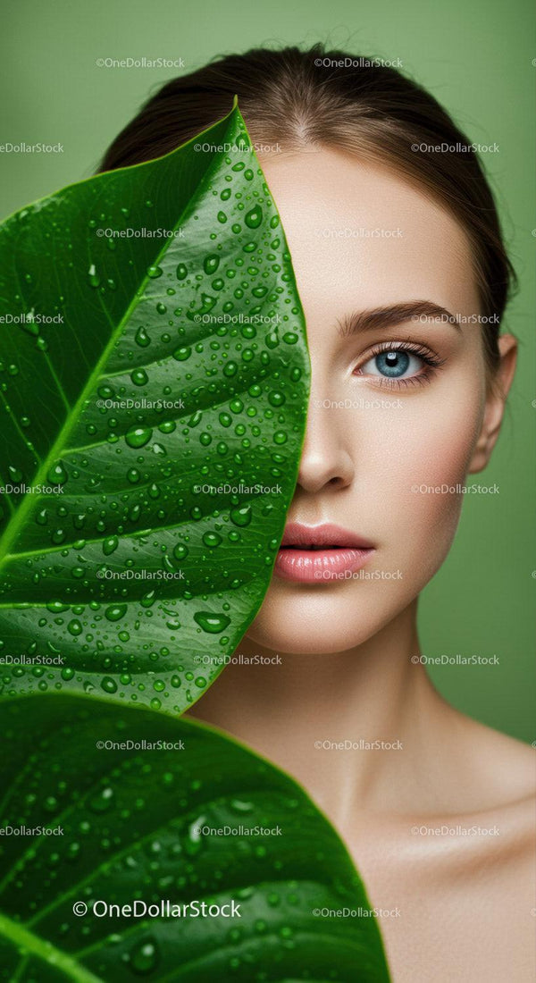 Young Woman with Blue Eyes Hidden Behind Tropical Green Leaf