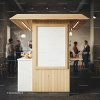 Minimalist wooden coffee counter with empty menu board