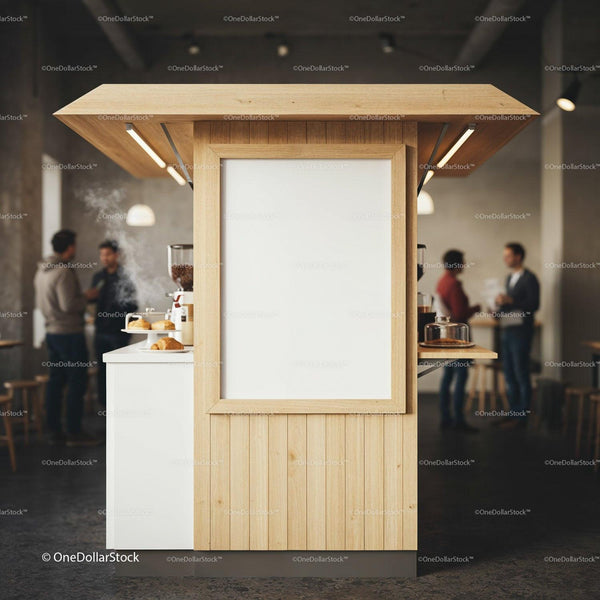 Minimalist wooden coffee counter with empty menu board JPG Mockup Image