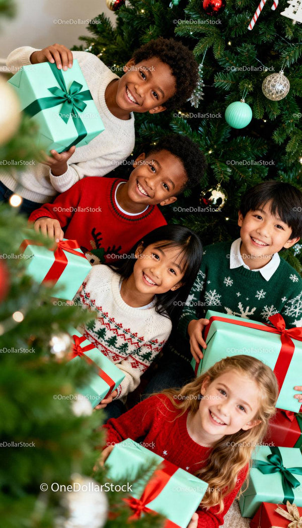 Happy children celebrating Christmas with gifts and tree
