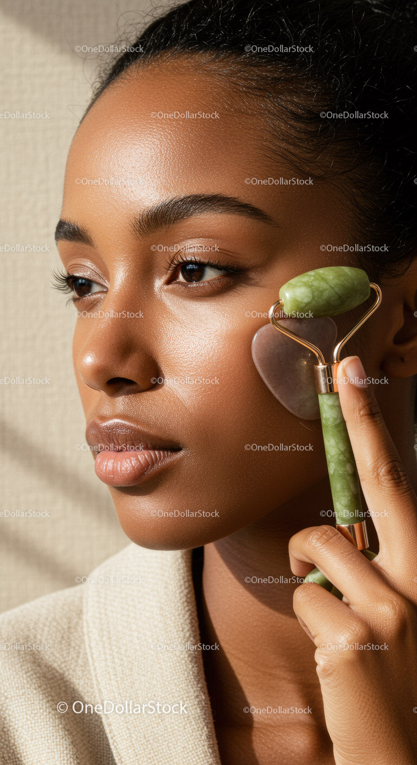 Close-up of a Woman Using Jade Roller for Facial Skincare