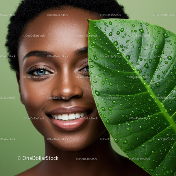Smiling Woman with Large Green Leaf and Water Droplets in Natural Setting