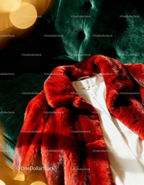 Luxurious red fur coat on emerald green velvet sofa