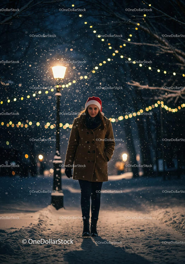 Woman Walking in Snowy Park with Festive Lights