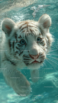 White tiger cub swimming underwater with piercing blue eyes