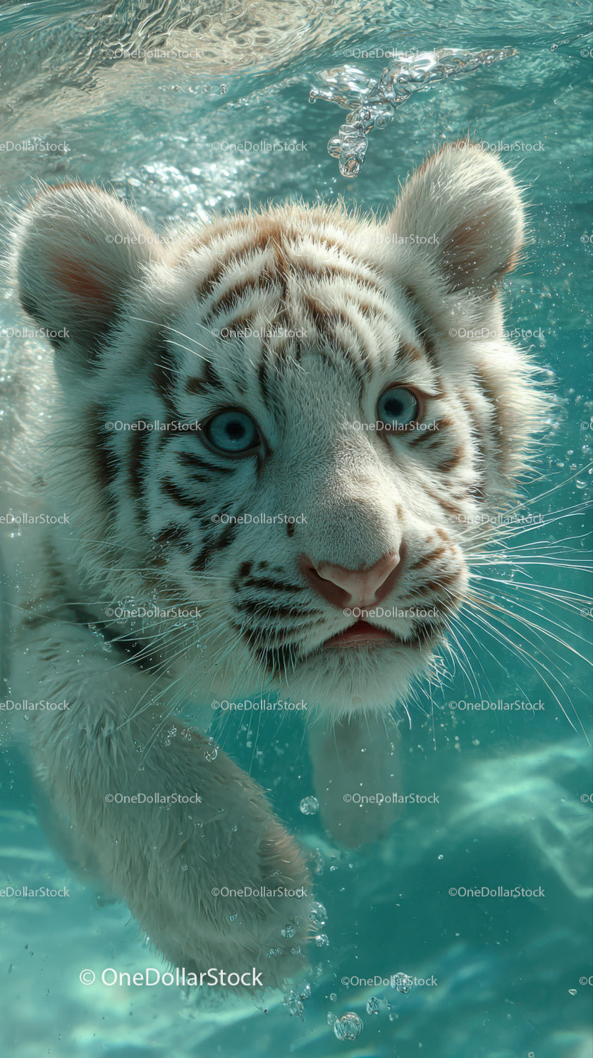 White tiger cub swimming underwater with piercing blue eyes