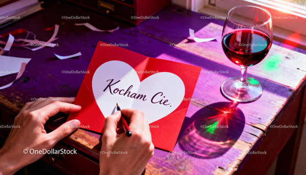 Handwriting a Valentine's card with romantic red wine glass