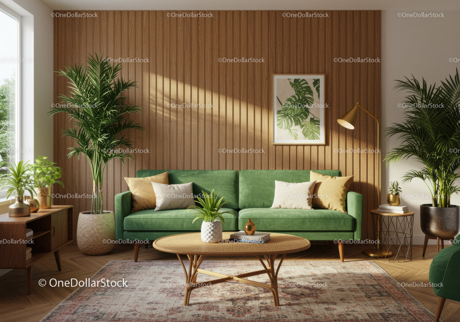 Stylowa zielona aksamitna sofa w jasnym, nowoczesnym salonie