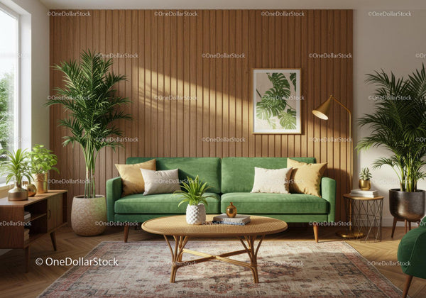 Stylish green velvet sofa in bright modern living room