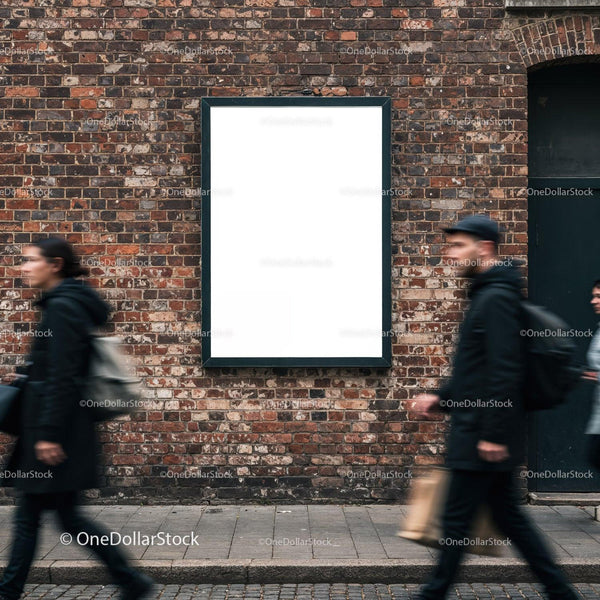 Urban street scene with blank advertising poster on brick wall JPG Mockup Image