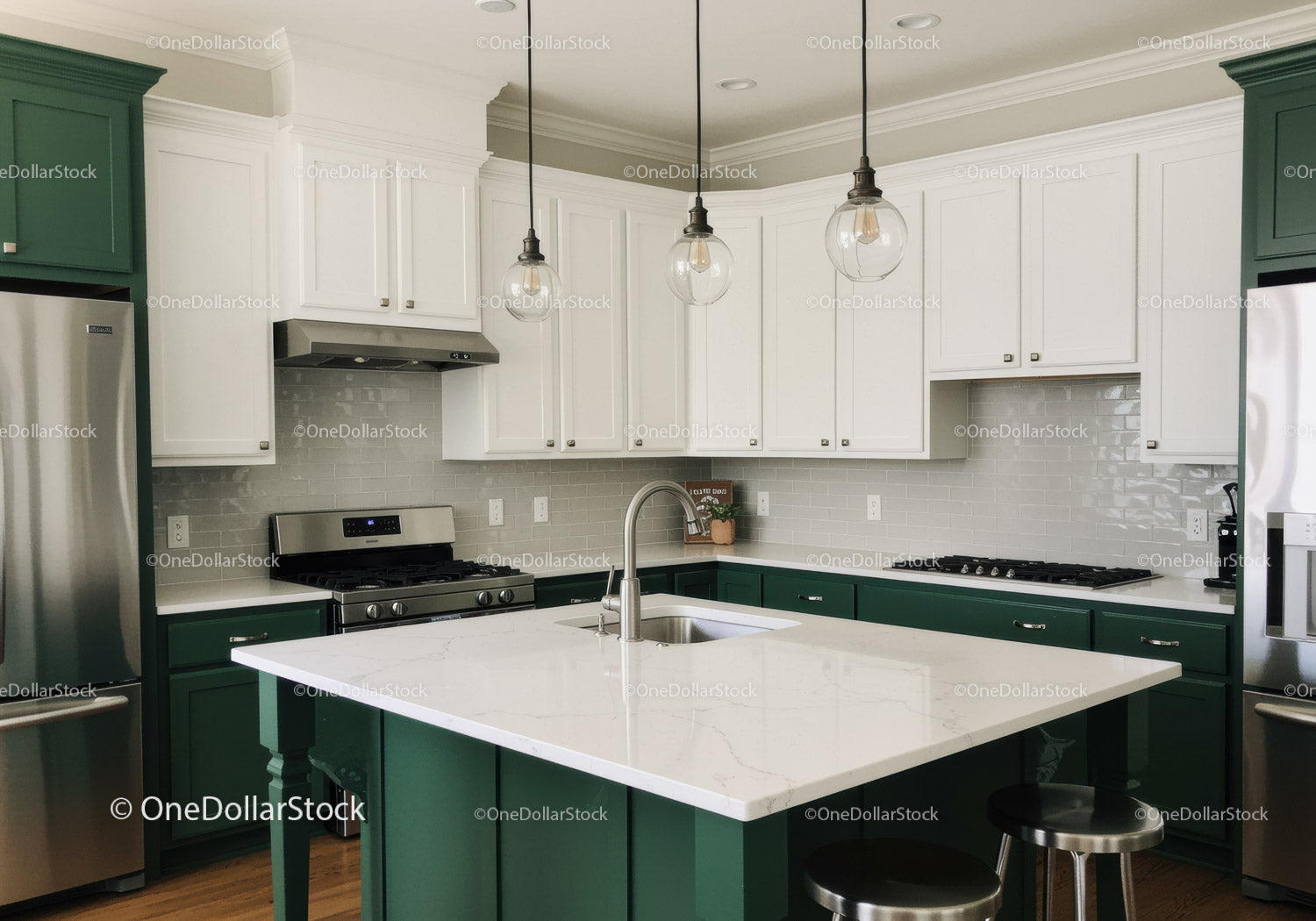 Modern Kitchen with Green Cabinets and Pendant Lighting