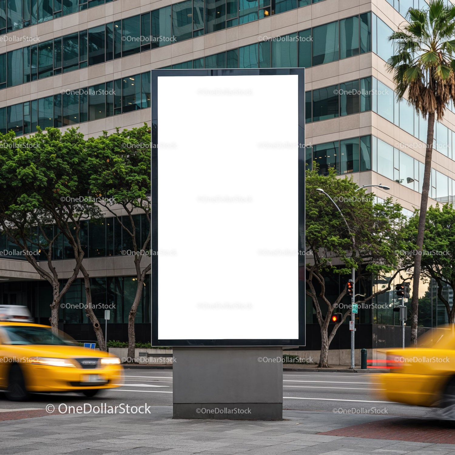 Urban blank billboard with yellow taxis passing by